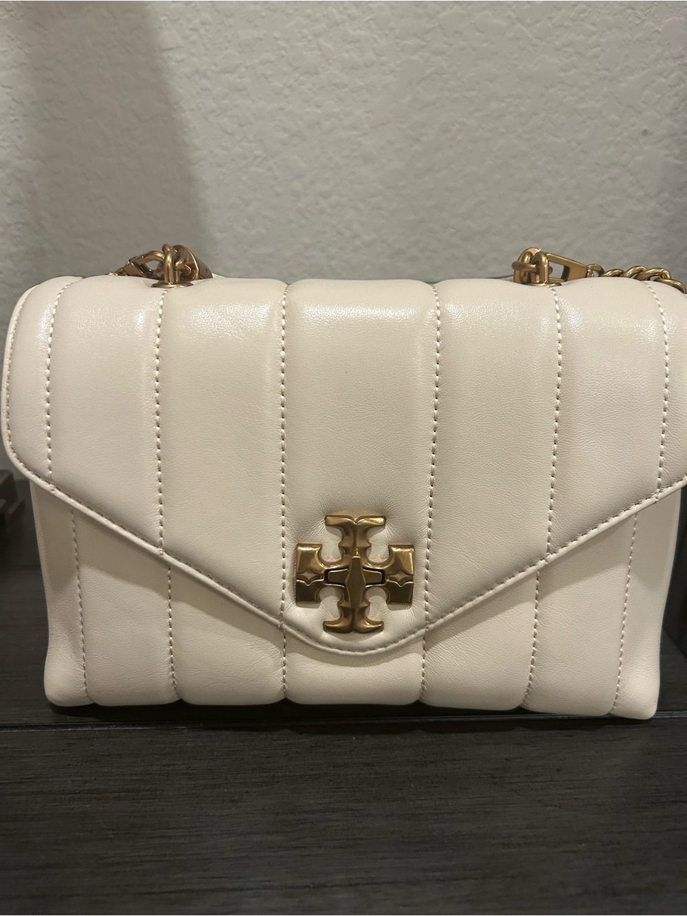Tory Burch small Kira Quilted cream satchel with Gold Logo Accent